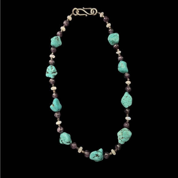 Handmade Jewelry - Large Chunky Genuine Turquoise Nugget, Amethyst, Moon Stone, 925 Necklace 24 in